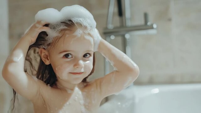 Young child plays with bubbles during bath time at home