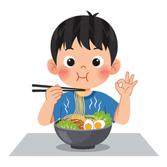A happy boy enjoys a delicious bowl of ramen noodles, using chopsticks and making an ok gesture for a perfect meal.