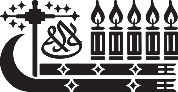 Islamic Muharram Symbol Design with Zulfiqar Sword, Alam, Candles, and Arabic Calligraphy in Black and White Silhouette