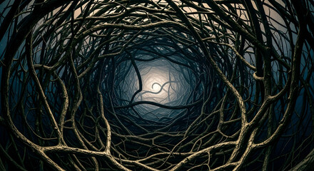 Obraz premium Dense tangle of gnarled branches forming a tunnel towards a distant light