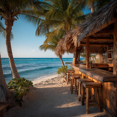 A rustic wooden beach bar with thatched roof stands by the ocean, surrounded by palm trees and soft white sand. The tranquil setting offers a perfect tropical escape.