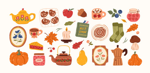 Vintage fall elements set crayon drawn kids. Cute autumn season. Hand drawn crayon doodle pumpkins, teapots, candle, mug, socks, pie, frames in flowers, jam, fall leaves. Vector illustration.