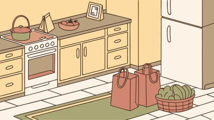 Cozy kitchen scene with stove refrigerator and groceries isolated on white background