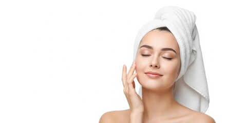 Young woman with a towel on her head enjoying a skincare routine in a bright, minimalistic bathroom