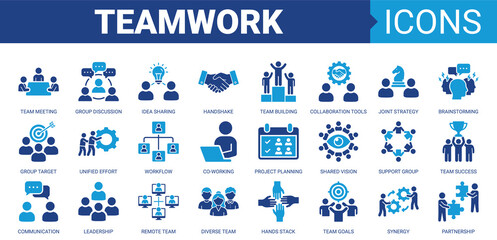 Teamwork and Collaboration icon set. Vector illustration concept containing icon of team meeting, group discussion, team building, brainstorming, workflow and more. Solid color icons collection.