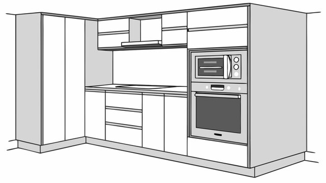 Modern kitchen cabinetry with built in appliances isolated on white background