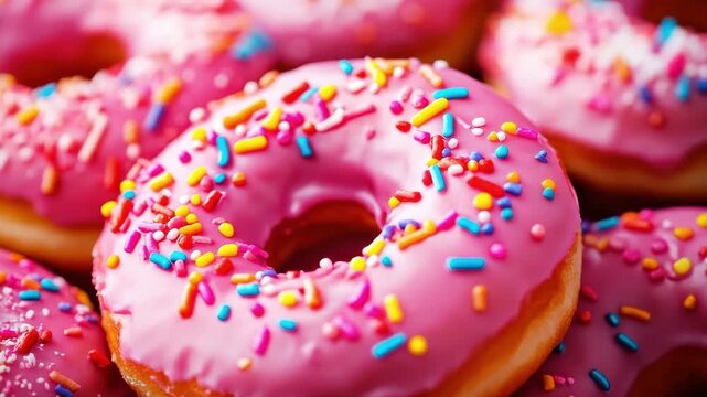 Several donuts with pink frosting and colorful sprinkles are arranged in a close up eye level shot