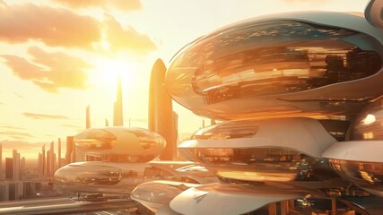 A futuristic city with innovative architecture and glowing structures as the sun sets in a vibrant orange sky