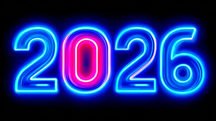 Neon text "2026" with a blue outline on a black background.