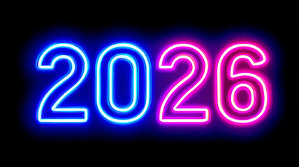 Neon text "2026" with a blue outline on a black background.