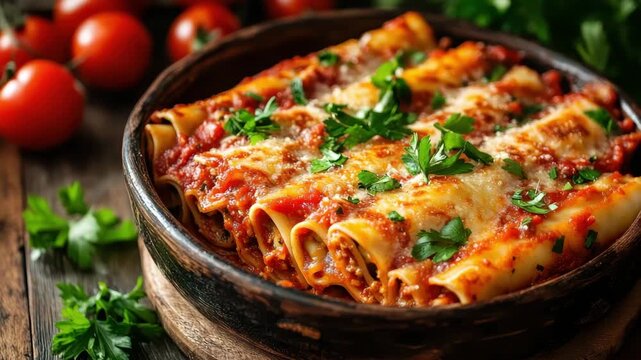 Cannelloni pasta dish in a rustic bowl with tomato sauce cheese and parsley garnish Tomatoes and wooden table also