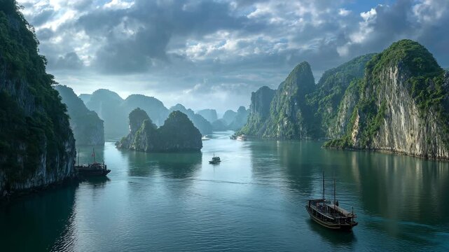 Scenic cruise through stunning halong bay landscape featuring limestone karsts and boats