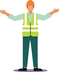 Construction worker wearing safety vest and orange helmet with open arms gesture vector illustration