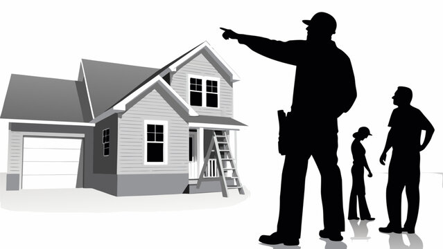 Construction manager pointing at a house with a ladder and two people in silhouette standing by
