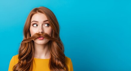 Young woman playfully posing with a fake mustache against a bright blue background, showcasing humor
