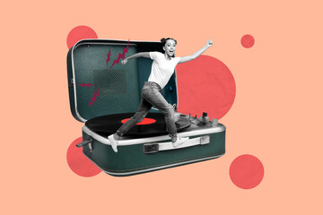 Image art collage of person run stand big longplay with vinyl plate on orange background