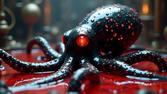 Mechanical leviathan surrounded by gears and fluid