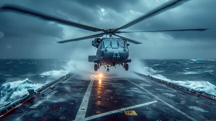 A Sikorsky MH-60 Seahawk helicopter hovers low over massive, stormy ocean waves, its crew visible inside. The scene is dramatic and powerful, conveying the danger and skill of a maritime mission