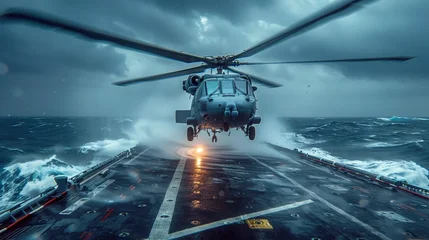 Wandcirkels Helikopter A Sikorsky MH-60 Seahawk helicopter hovers low over massive, stormy ocean waves, its crew visible inside. The scene is dramatic and powerful, conveying the danger and skill of a maritime mission  © Nadzeya