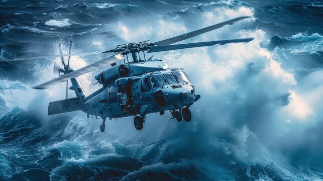 A Sikorsky MH-60 Seahawk helicopter hovers low over massive, stormy ocean waves, its crew visible inside. The scene is dramatic and powerful, conveying the danger and skill of a maritime mission