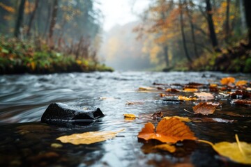 Fototapeta premium Serene autumn river flowing through lush forest nature scene tranquil environment low angle view gigapixel standard for visual impact