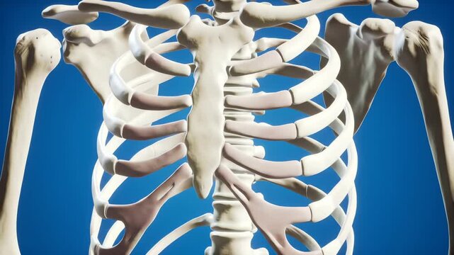 Detailed 3D animation of the human rib cage sternum and thoracic spine moving in a seamless loop