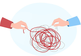 Hands disentangling strings or yarn, solving the problems, finding ideas concept, plain background
