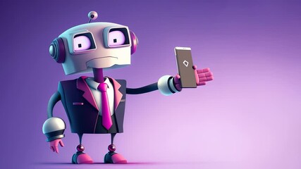 Cartoon robot character in business suit holding smartphone, standing against purple gradient background. Stylized 3D render with technological and corporate design elements. - Powered by Adobe