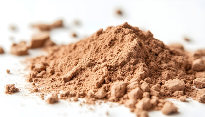 Pile of light brown powder on a white surface, isolated