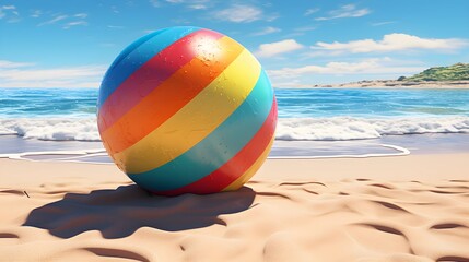 Obraz premium A vibrant beach ball sits on a sunny beach, enjoying a perfect summer day.