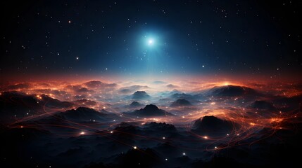 Fototapeta premium A stunning celestial cityscape, illuminated by stars and glowing lights in the night sky.