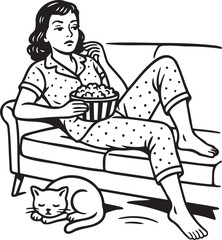 Lazy Retro Girl on Sofa with Popcorn and Cat