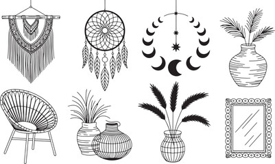 Boho Decor Collection A Set of Hand Drawn Bohemian Style Home Decor Elements on Transparent Background Featuring Macrame and Plants