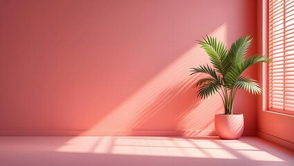 Pink room with potted plant and sunlight streaming through blinds