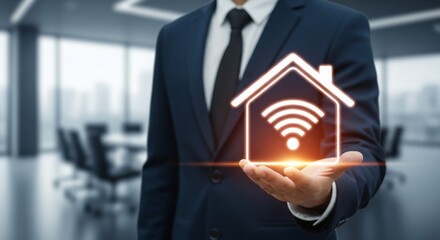 Business professional presenting a smart home concept in a modern office with a city view
