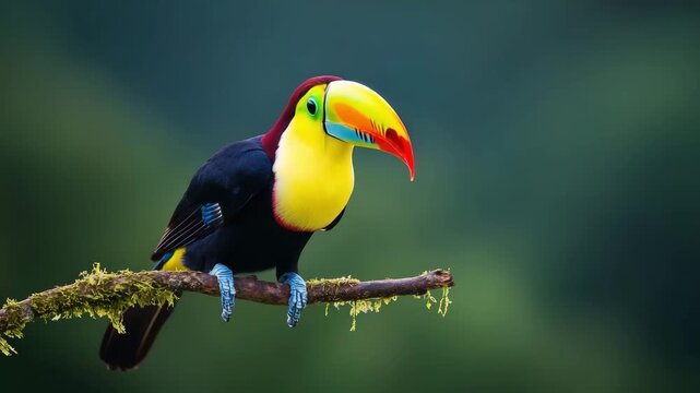Colorful keel billed toucan perched on a mossy branch with a dark green blurred background