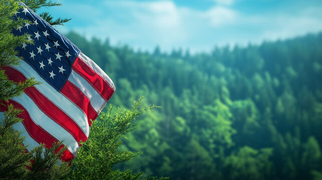 Diagonal American Flag Against Serene Forest Horizon with Green Trees and Soft Blue Sky