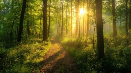Fototapeta premium A serene forest scene unfolds at dawn, with mist gently drifting through the trees, a moss and fern carpet underfoot, and dew-kissed spider webs, all blending in flawless natural harmony