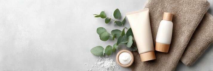 Cosmetic bottles with eucalyptus flowers towels and linen on pastel background top view flat lay natural organic skincare and spa concept perfect for beauty product branding body care wellness design