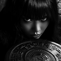 A mysterious close-up portrait of a model peeking out from darkness. AI-generated.