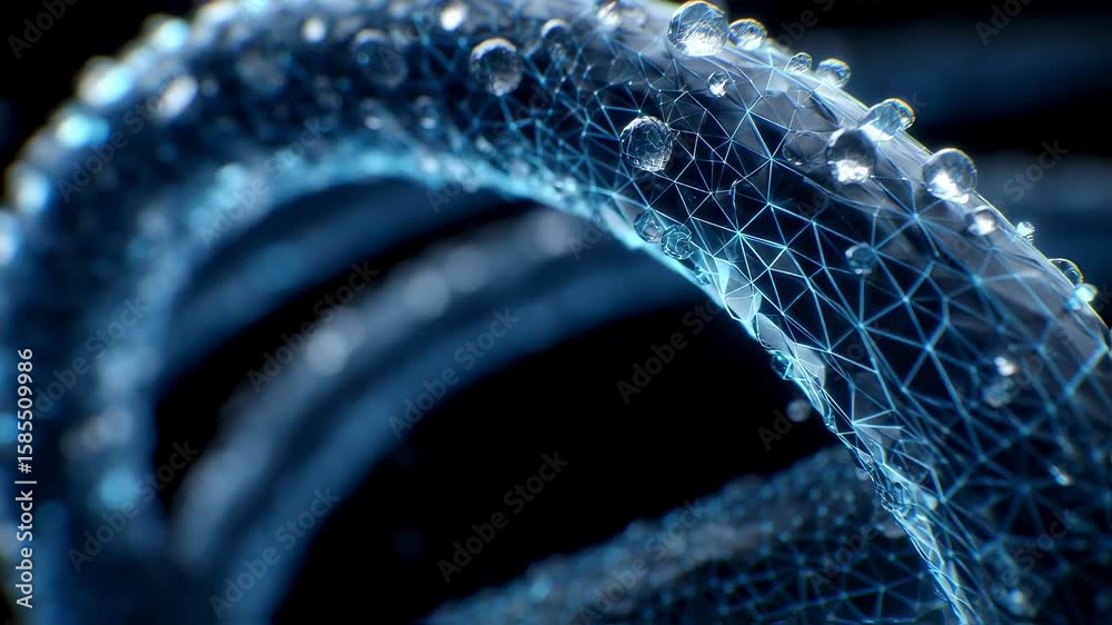 Poster plexus structure covered with water droplets rotating on a dark background, creating a futuristic an
