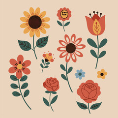 Vibrant Retro Folk Art Flowers Collection. Stylized Botanical Elements for Design Projects.