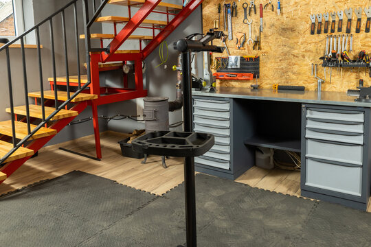 Mechanic workshop contains professional tools for bicycle repair