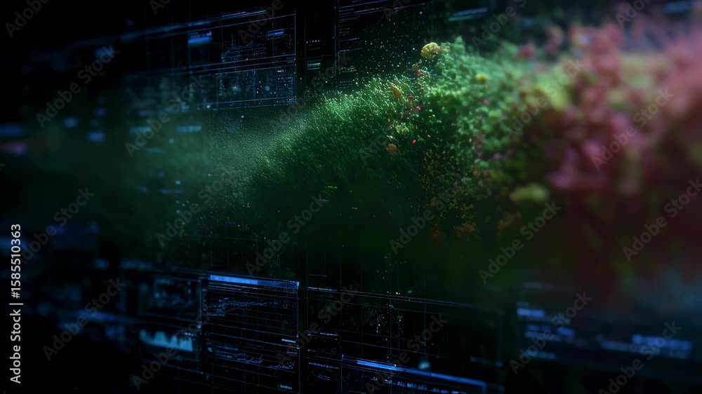 Aufkleber Colorful particles exploding and dispersing in front of digital screens showing data analysis, creating a dynamic and visually engaging representation of innovation and technological advancement
