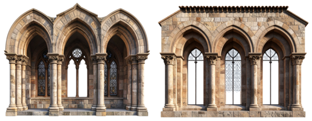 Exterior View of Romanesque Chapter House with Rounded Arches and Stone Columns, isolated on transparent background