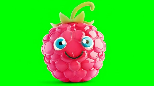 Bright pink raspberry with blue eyes, green background. Cartoon fruit with cute facial expression and textured surface. Isolated 3D render with cheeky smile.