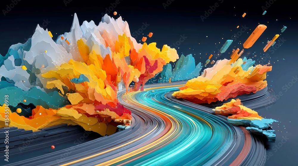 Poster global data flow, vibrant 3d visualization showcasing data traffic across continents, illuminated tr