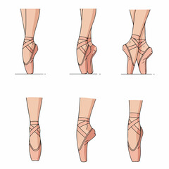 Collection of Ballet Dancer's Feet in Pink Pointe Shoes, Illustrating Various Dance Poses and Positions, Isolated on a White Background.