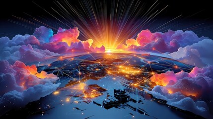 Obraz premium Digital network of illuminated servers and cloud connections suspended above a stylized Earth model, futuristic backdrop, expansive perspective