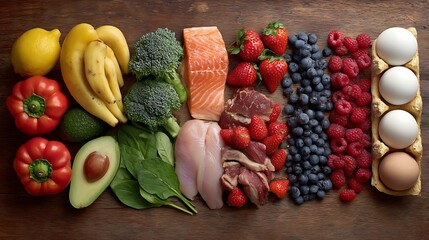 A variety of clean eating foods aligned for a flexitarian Mediterranean diet, promoting health with vibrant fruits, vegetables, and lean proteins.
